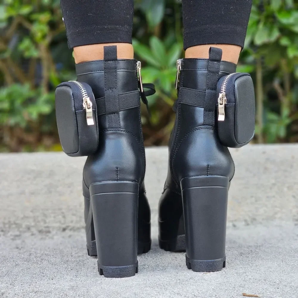 Black Women’s Lace Up Block Heel Booties Side Zipper & Pouches - Picture 4 of 5